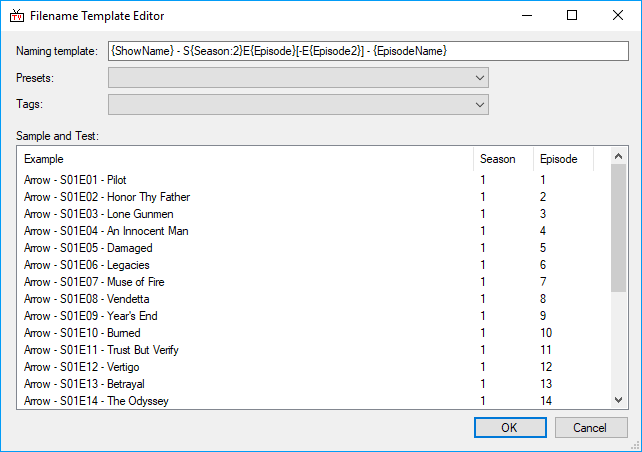 The Filename Template Editor tab