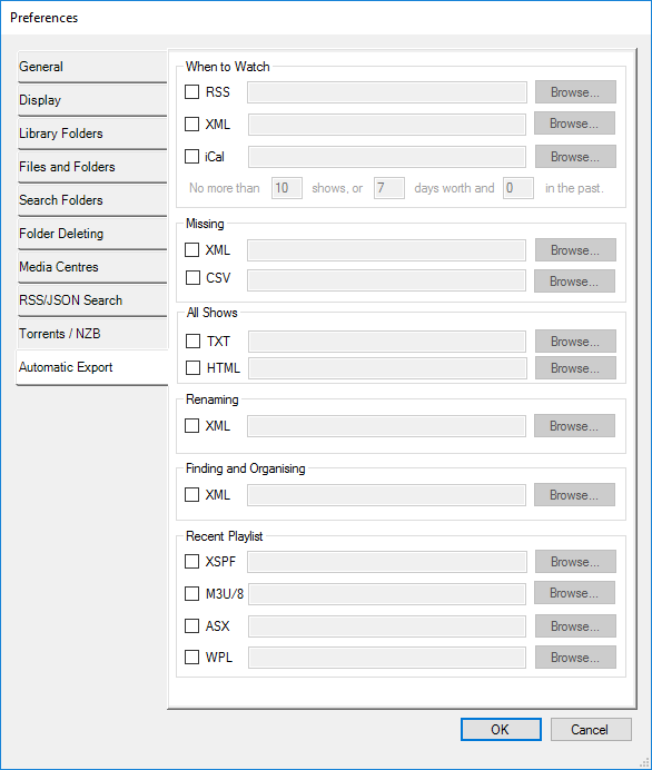 Preferences - the Automatic Export tab