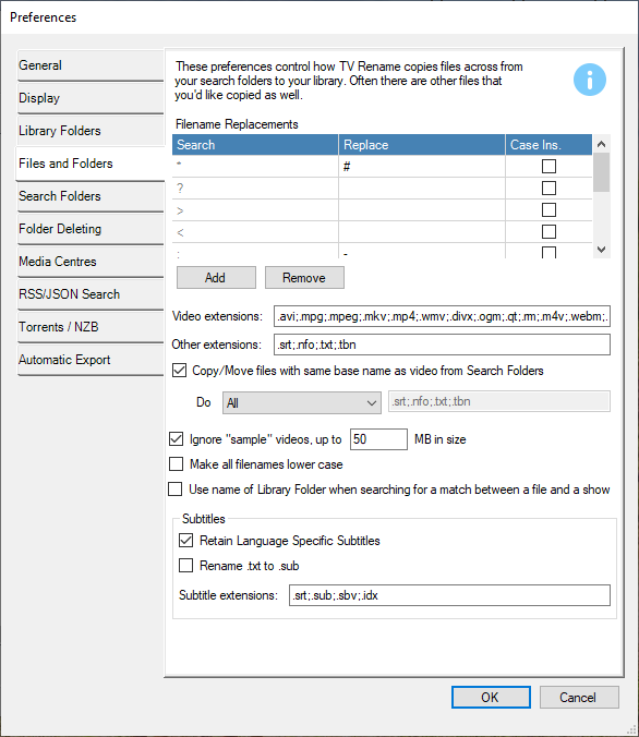 Preferences - The Files and Folders tab