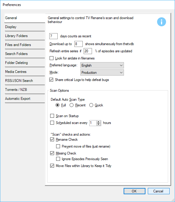 Preferences - the General tab