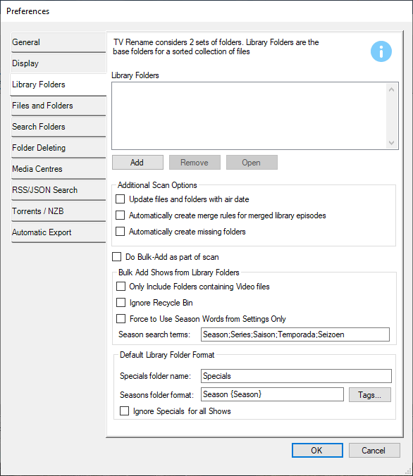 Preferences - the Library Folders tab