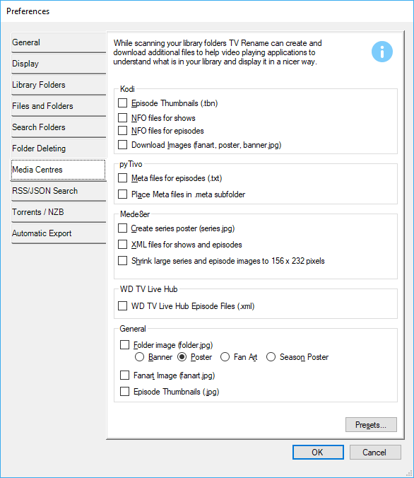 Preferences - the Media Centre tab