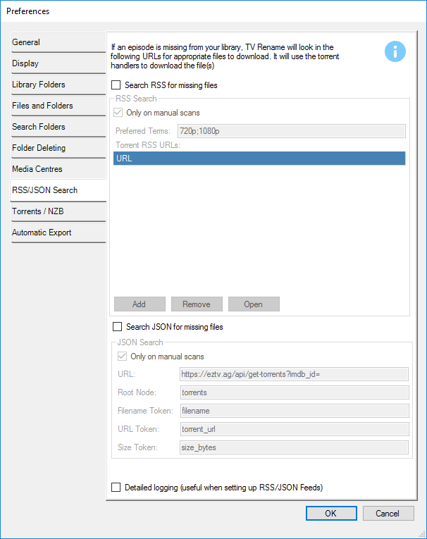 Preferences - The RSS/JSON Search Tab